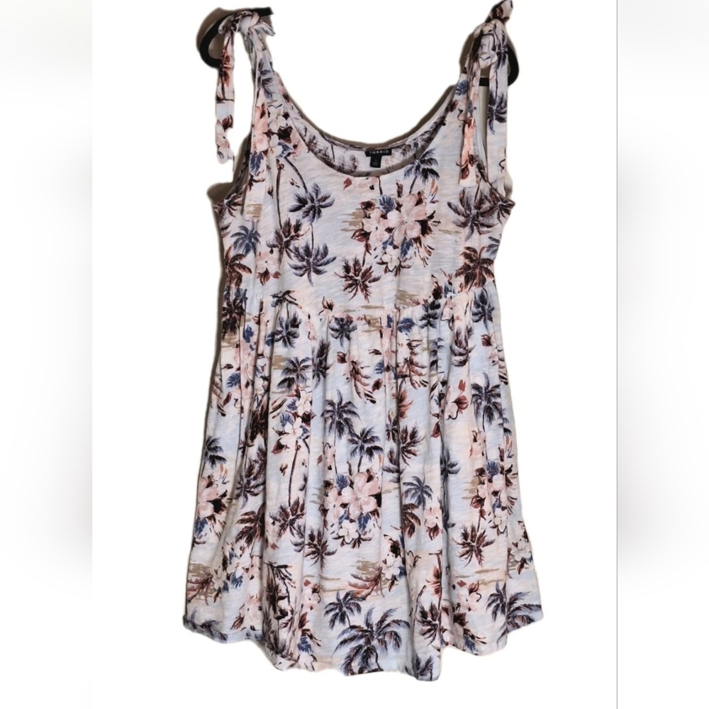 Torrid Ivory Tropical Floral Tie Shoulder Mini Dress Size 1 Cottagecore EUC
